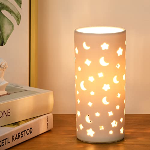 Image of Lampwell Dana White Small Table Lamp for Living Room as Bedside Table Lamp for Bedroom,Modern Ceramic Table Lamp,Kids Table Lamp,Night Table Lamp,Φ3.54×H7.87IN,Bulb Excluded,Carving Moon