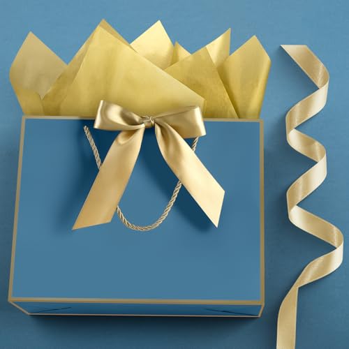 Image of JMANNI Gift Bags with Handles, 13 inch Medium Gift Bag for Presents, 2 Pcs Bags with 4 Tissue Paper and 2 Cards for Baby Shower Wedding Bridal Shower Mother's Day Birthday Party(blue-gold)