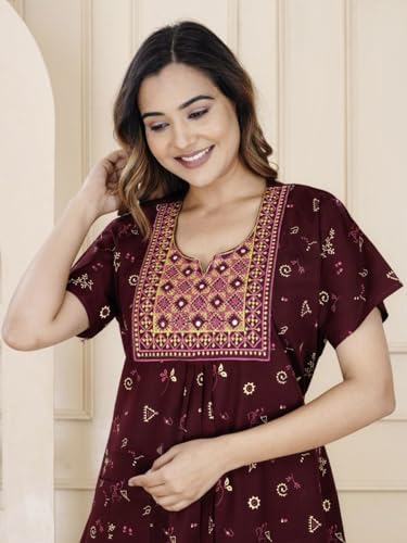 Image of DIAMO Pure Cotton Embroidery Nighty for Women, Cotton Night Gown, Night Maxi Gown, Cotton Nighty with a Pocket and Adjustable Knot