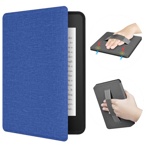 ERUNTO Hülle für 7 Zoll 12. Kindle Paperwhite, Signature Edition und Kindle Colorsoft. TPU-Hülle mit Stoffstruktur und Handgurt, doppelseitige Magnetschale mit Weck-/Schlaffunktion (Blau)