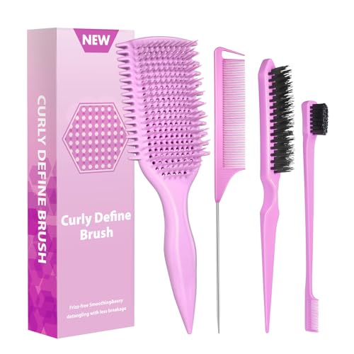 Image of Curl Defining & Detangling Brush - Dual-Vented Curly Hair Brush for Wet & Dry Hair with Flexible Bristles - Reduces Frizz & Smooths Knots - For All Hair Types & Users (Pink)