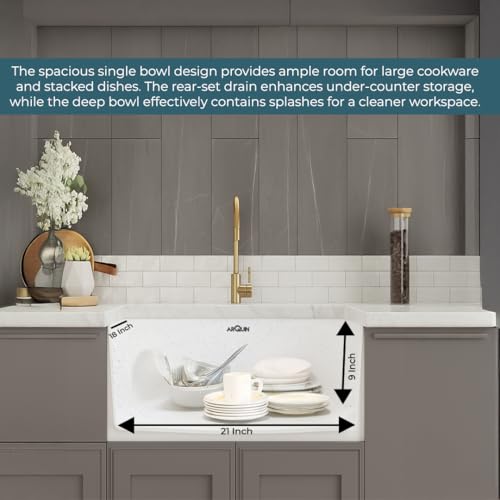 Image of ARQUIN Quartz Kitchen Sink 21x18x9 Inch Sand Pluto | Single Bowl Sink | Durable & Scratch-Resistant | Undermount /Topmount Including Coupling, Waste Pipe & Fruit Washing Basket