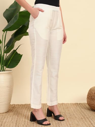 Image of Vogaan Women's Cotton Silk Pant | Half-Elasticated Waist Slim Fit Trouser for Women | Casual Pocket Pants for Office Formal Daily Use