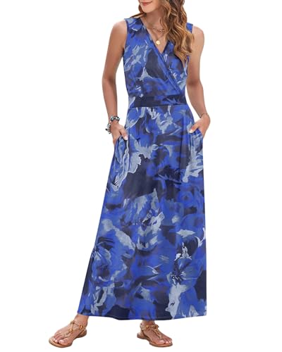 Image of AUSELILY Womens Maxi Dress Summer Sleeveless Wrap Long Dresses with Pockets | V-Neck Wrap Sleeveless Sundress, fits formal, casual, beach, vacation & daily wear