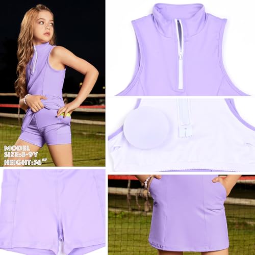 Image of Perfashion Girls Tennis Dress 1 /4 Zip Golf Outfit Built-in Bra & Shorts Pickleball Athletic Dress Workout Pockets 4-13Y