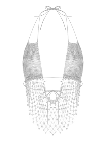 Kvysinly Mujer Camisola Halter Rhinestone Off The Shoulder Gilet Para Fiesta Festival Club Fiesta Brillante Camiseta sin Cuello Sin Mangas, Blanco, M