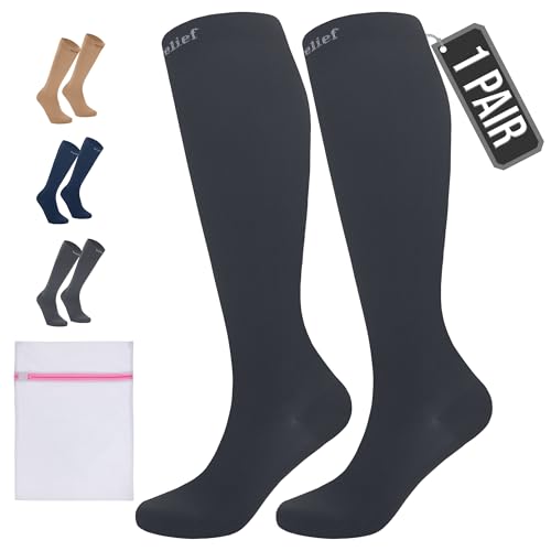 360 RELIEF 1 Pair Flight Compression Socks for Women & Men, Comfortable Travel, Circulation & Leg Relief, Pregnancy Support, L/XL, Black + Laundry Bag