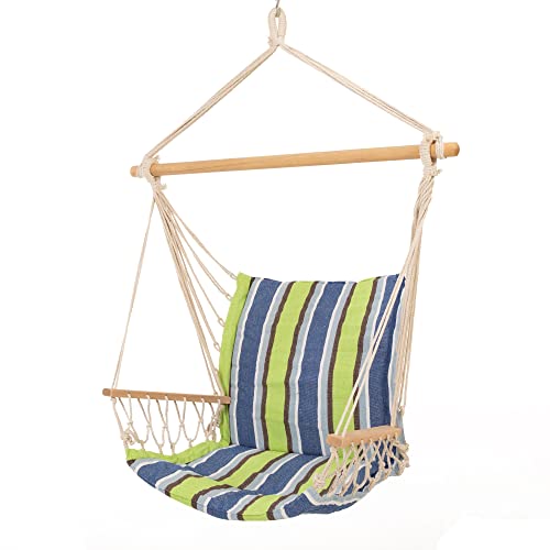 Castaway Living Hammock Chair, Hanging Rope Cushioned Swing With Quick Dry Fabric For Indoor & Outdoor Use - Blue And Green Stripe #TOP24