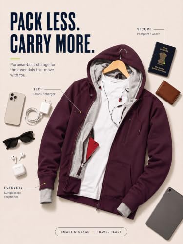 Image of NOBERO Travel Hoodies for Men|Cotton Fleece Solid Hooded Full Sleeve Sweatshirt|15 Utility Features,Tab & Drinks & earphones Holder,Charger & Sunglass Pocket, Microfiber Cloth,In-Built Gloves,Eye Mask
