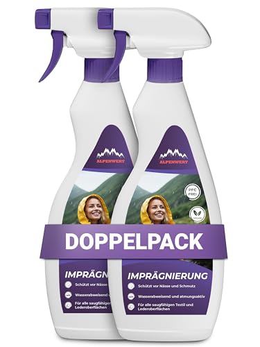 ALPENWERT® Spray imperméabilisant textile 500 ml [Protection déperlante longue durée] Fabriqué en Allemagne pour textiles d'extérieur, veste, chaussures, vêtements de ski, tentes, etc. Extérieur, 2 x