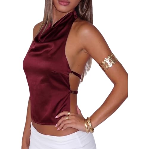 Women Satin Halter Tops Y2k High Cowl Neck Sexy Backless Cami Tank Shirt Cute Summer Going Out Top (Red, S)