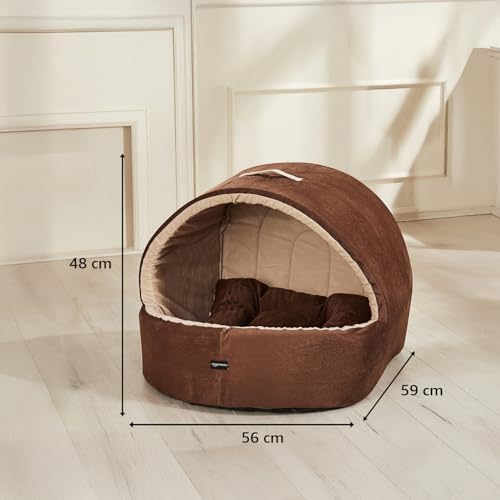 Image of Amazon Basics Pet Bed Cave | Soft & Warm Indoor Tent Bed for Cats, Kittens & Small /Medium Dogs (Pug, Beagle, Shih Tzu) | Foldable with Removable Cushion | Russet & Beige | 59 x 56 x 48 cm