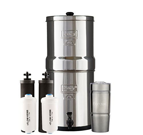 Bundle Includes: Big Berkey Water Filter System with 2 Black Purifier Filters (2 Gallons) Bundled with 1 Set of Fluoride (PF2) Filters and 1 BX Double Walled 20 oz Stainless Steel Tumbler Cup