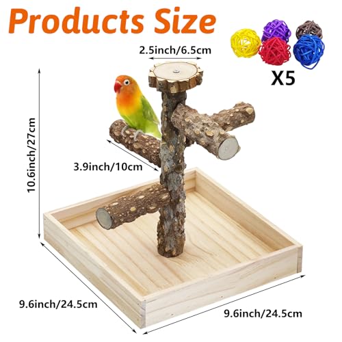 Image of BNOSDM Portable Bird Perch Stand with Potty Tray, Natural Wood Tabletop Training Gym Parrot Playground Toy for Budgies, Cockatiels, Lovebirds,Conures Canaries