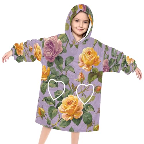 Wearable Blanket Hoodie for Kids, Retro Floral Fleece Sweatshirt Blanket Oversized Blanket Sweatshirt with Pocket Flannel Warm Hooded Blanket 6-10 Year Old Girl Boy Gift, One Size