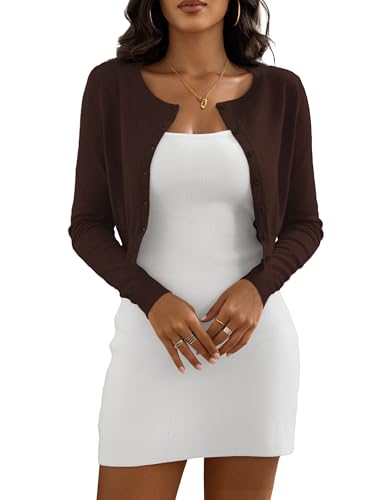 Image of Women's Cropped Cardigan Sweaters Crew Neck Button Down Open Front Knit Bolero Shrugs