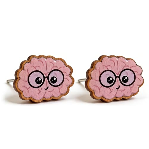 Brain W/Glasses Earrings for Women - Handmade Wood Shaped Studs,Valentines Day Gift for Wife Mom Girlfriend Sister,Smart Brain Jewelry Gifts for Her,Easter Basket,Birthday Mothers Day Present