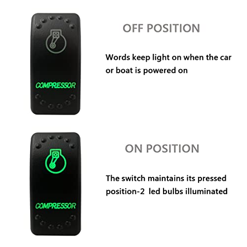 Image of Green Backlit Compressor Rocker Switch 5 Pin ON-Off Laser Etched Button Switch with Wires for Car Marine Boat UTV 20A /12V 10A /24V