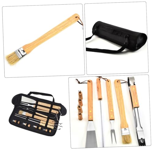 Set portátil de 10 piezas para asador con mangos de madera y acero inoxidable miniatura 4