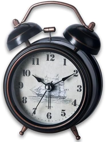 A5 Twin Bell Non-Ticking Silent Bedside Alarm Clock, Retro, Victorian Style, Metal Construction, Ø8cm, Analogue, Extra Loud, with Nightlight, for Bedroom Office Travel Elderly Children Girl (BLACK)