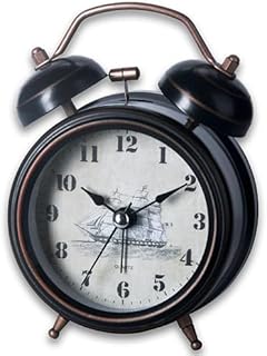 A5 Twin Bell Non-Ticking Silent Bedside Alarm Clock, Retro, Victorian Style, Metal Construction, Ø8cm, Analogue, Extra Loud, with Nightlight, for Bedroom Office Travel Elderly Children Girl (BLACK)