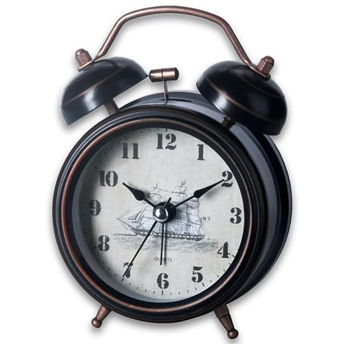 A5 Twin Bell Non-Ticking Silent Bedside Alarm Clock, Retro, Victorian Style, Metal Construction, Ø8cm, Analogue, Extra Loud, with Nightlight, for Bedroom Office Travel Elderly Children Girl (BLACK)