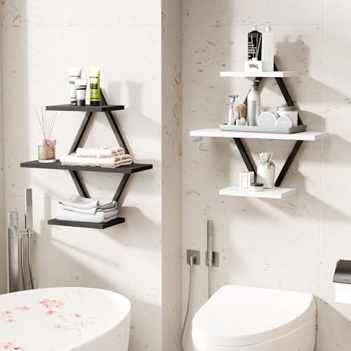 Image of Floating Shelves, Wall Shelf Set of 2, Wall Mounted Shelves, 3-Tier Hanging Wall Shelves for Bathroom, Living Room, Bedroom, Kitchen, Office (Black & White)