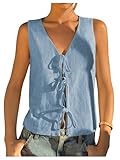 Verdusa Women's Linen Clothes Tie Front Tops Going Out Top Trendy Sleeveless Vest Shirts Blue X-Small