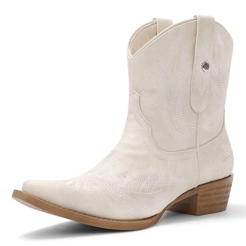 USIMAD Women's Cowboy Western Boots Embroidery Stitched Square Toe Chunky Heel Comfy Short Booties