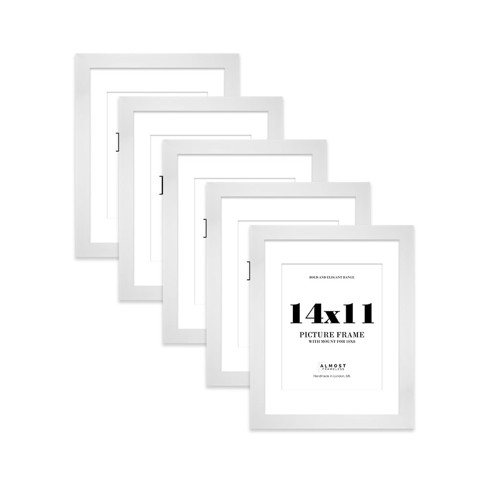14x11 White Frame With Mount for 10x8 Pictures 28mm Edge Portrait and Landscape Display with Wall Hooks and Kickstand, 5 Pack