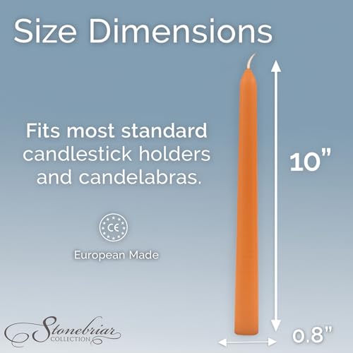 Image of Stonebriar Unscented Taper Candles - 7 Hour Burn Time, Long-Lasting Wax Candles for Weddings, Holidays, Home Decor & Special Events, Pack of 10, Orange, 10 inch