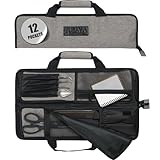 Asaya Chef Knife Roll Bag - 12-Pocket Chefs Case for Kitchen Knives and Utensils, Lightweight Stain-Resistant Waxed Nylon Chef Knife Bag - Knives Not Included (Grey)