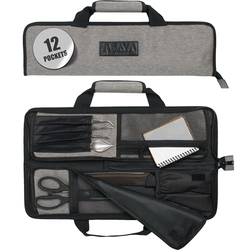Bolsa para facas de chef Asaya - 12 bolsos para facas e utensílios de cozinha - Nylon leve, durável e resistente a manchas - Perfeita para chefs viajantes - Facas não incluídas