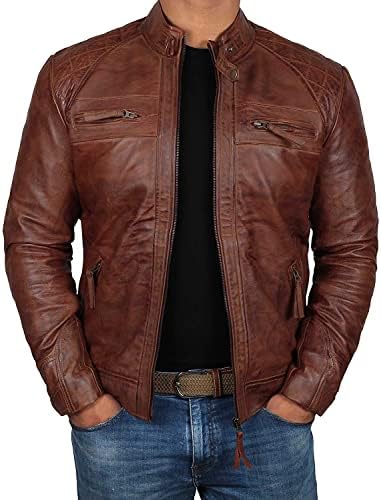 Brown Leather Jacket Mens - Cafe Racer Real Lambskin Leather Distressed Motorcycle Jacket (BROWN, XL)