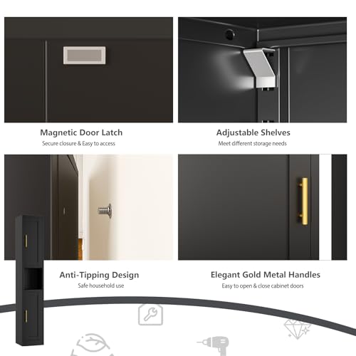 Image of Tall Narrow Pantry Cabinet for Kitchen, 67 inch H Metal Storage Cabinets with Doors and 3 Adjustable Shelves for Dining Room, Living Room and Home Office (12 inches Wide Black)