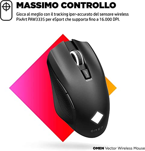 OMEN Vector Mouse Wireless, 6 Tasti Programmabili, DPI 100 a 16.000 con sensore ottico PixArt PAW3335, Tempo Risposta 1 ms, LED Personalizzabili, Rotella Scorrimento, Ergonomico, Nero - Mouse gaming - Immagine 2