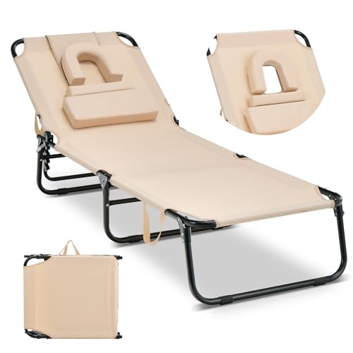 COSTWAY Chaise Longue Pliante, Bain de Soleil Réglable à 5 Positions, Charge 160kg, Trou pour Visage, 3 Coussins Amovible, Tissu Oxford, Sangle, Transat Jardin Exterieur pour Plage Piscine(Beige)