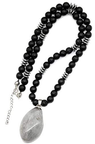 ElisaJewelryArt - Natural Hawk Eye Crystal Pendant Black Lava Stone Beaded Necklace Genuine Gemstone Knowledge Stone Clasp Closure Necklace Unisex Necklace (22, Hawk Eye)
