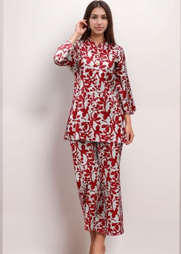 Shienzy Stylish Printed Cotton Blend Co Ord Set For Women || Casual & Festive Indo-Western Outfit || Kurta Pant Set (1594Shz_Mrn_S) Maroon