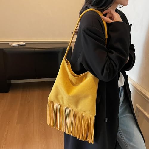 Tassels Suede Shoulder Bags for Women Retro Crossbody Bag Winter Slouchy Bucket Purses Handbag Fall3