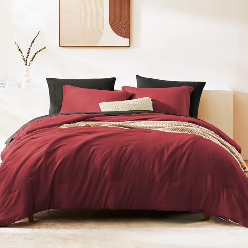 Image of Full Size Comforter Sets-7 Pieces Ultra Soft Bed in a Bag Full Bedding Sets | Prewashed All Season Comforter with Sheets, Pillow Shams & Pillowcases, Bright Red