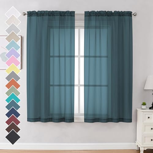 Image of OVZME Dusty Blue Sheer Curtains 63 inch Length 2 Panels Set for Kitchen Decor, Elegant Light Filtering Airy Semi Voile Window Treatments, Each is 42W x 63L