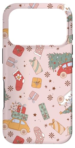 Retro Christmas Santa Trees Checker Snowflakes Pink X}zP[X iPhone 17 Pro p