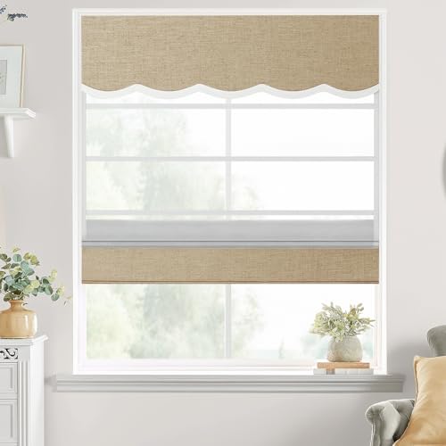 Drapifytex Day Night Roman Shade Linen Blackout Roman Blind for Sliding Glass Door, Custom Made Dual Layer Light Filtering Window Treatment with Wavy Valance, 1 Piece, Tapioca
