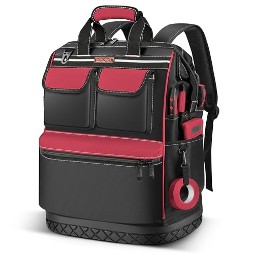 LOKASS Tool Bag Backpack, Heavy Duty Tool Backpacks with Combination Lock, Waterproof Tool Bags for Tools Storage and Organization, Black/Red