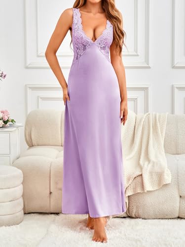 Image of WDIRARA Women's Satin Sleepwear Nightgown | Lace, Backless, Deep V Neck, Sleeveless, Long