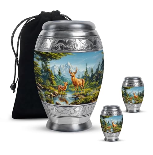 Image of Deer Urn Large Cremation Urn for Adult Male & Female 1 Large & 2 Small | Keepsake Burial Urns, Adult Human Ash