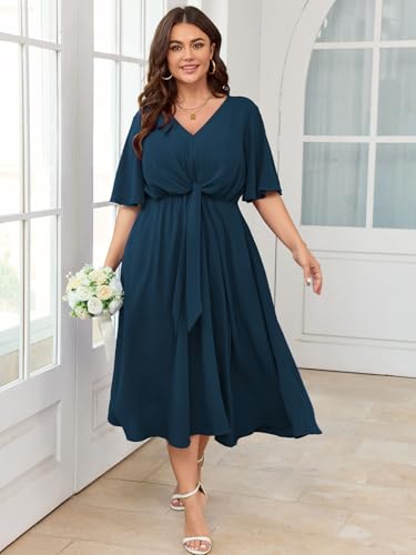 Image of SCOMCHIC Women Plus Size Midi Dresses Wedding Guest Short Sleeve V Neck Tie Waist Casual Summer Flowy A Line Dress