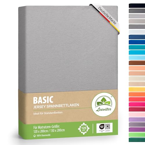 leevitex® Spannbettlaken 120x200cm - 130x200cm | Spannbetttuch Bettlaken | 100% Jersey Baumwolle | Matratzenhöhe bis 25 cm | Ökotex | Grau