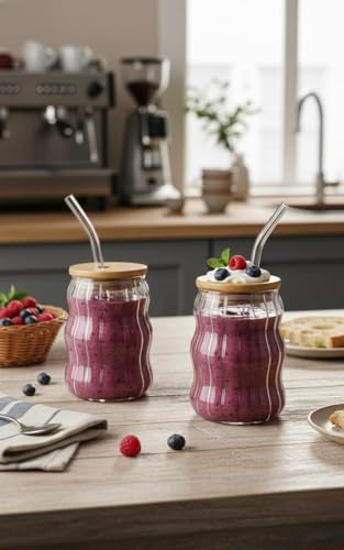 Image of Wave Shape Stripped Glass Coffee Tumbler (Pack of 2) with Wooden Lid and Straw, 550 ml, Transparent | Glass Tumbler for Coffee, ice Tea, Milk Shakes, Smoothies and Other Beverages
